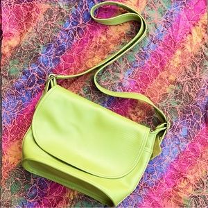 Vintage 1990s chartreuse leather purse w/ brass accents & buckle shoulder straps